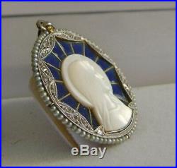 Superb Vintage Antique 18K Platinum Diamond Pearl Enamel Religious Pendant