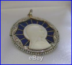 Superb Vintage Antique 18K Platinum Diamond Pearl Enamel Religious Pendant