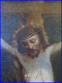 The Crucifixion of Jesus Christ, 18th c Antique Oil Painting in a Gilt Frame