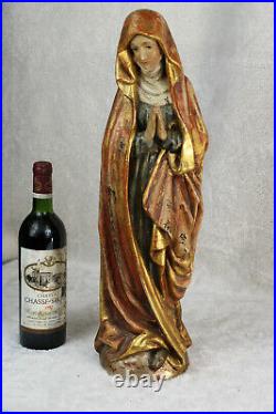 Top antique religious wood carved polychrome 19thc praying madonna on snake rare