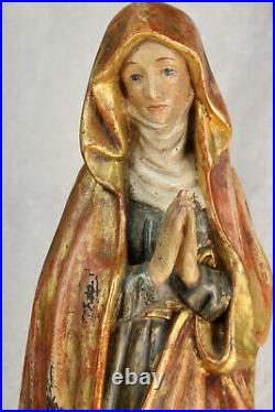 Top antique religious wood carved polychrome 19thc praying madonna on snake rare
