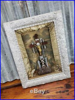 VINTAGE 1800s Religious Jesus Christ THY KINGDOM COME Shadowbox Art Display Folk