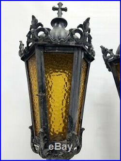 VTG 1900s GOTHIC CHURCH PAIR 2 RELIGIOUS LANTERN CANDLE HOLDER FUNERAL ANTIQUE