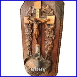 Very Old Antique Holy Water Font Wood Church Religious Crucifix Catholic Cross