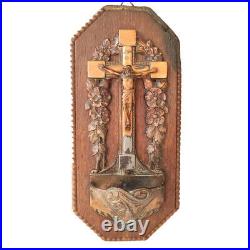 Very Old Antique Holy Water Font Wood Church Religious Crucifix Catholic Cross