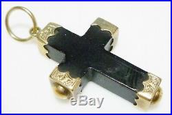 Victorian 14k Carved Onyx Religious Cross Antique Mourning Old Pendant Charm