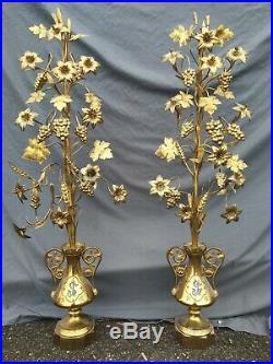 Victorian Pair 2 Antique Bronze Urn Flower Altar French Church Religious 44