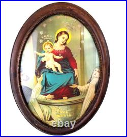 Victorian Religious Art Print in Oval Wooden Beaded Edge Antique Frame AVE MARIA