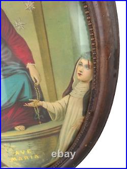 Victorian Religious Art Print in Oval Wooden Beaded Edge Antique Frame AVE MARIA