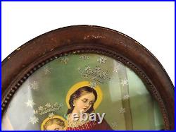 Victorian Religious Art Print in Oval Wooden Beaded Edge Antique Frame AVE MARIA