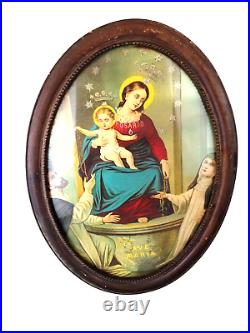 Victorian Religious Art Print in Oval Wooden Beaded Edge Antique Frame AVE MARIA