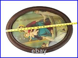 Victorian Religious Art Print in Oval Wooden Beaded Edge Antique Frame AVE MARIA