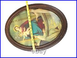 Victorian Religious Art Print in Oval Wooden Beaded Edge Antique Frame AVE MARIA