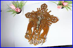 Vintage 1950 French wood cut crucifix archangel figurine sunburst religious