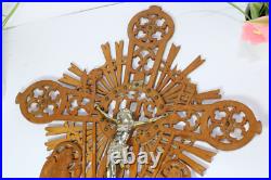 Vintage 1950 French wood cut crucifix archangel figurine sunburst religious