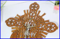 Vintage 1950 French wood cut crucifix archangel figurine sunburst religious