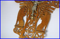 Vintage 1950 French wood cut crucifix archangel figurine sunburst religious