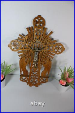 Vintage 1950 French wood cut crucifix archangel figurine sunburst religious