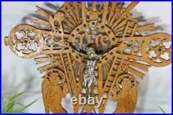 Vintage 1950 French wood cut crucifix archangel figurine sunburst religious