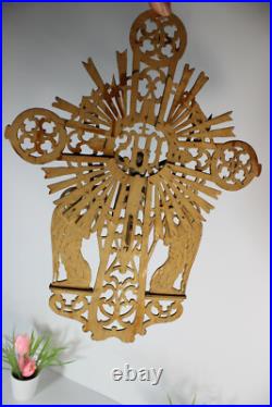 Vintage 1950 French wood cut crucifix archangel figurine sunburst religious
