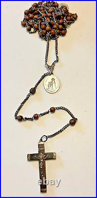 Vintage 40'' Habit Rosary w. Wood beads and religious medals Priest Nun Antique