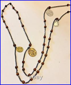 Vintage 40'' Habit Rosary w. Wood beads and religious medals Priest Nun Antique