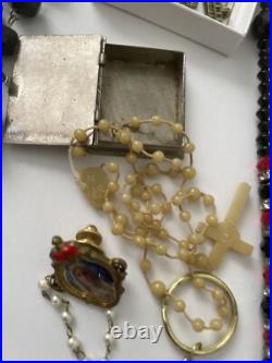 Vintage Amazing Lot Rosaries, Carnelian Rosarie And Other Religious Items