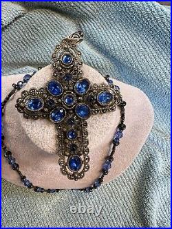 Vintage Antique Jeweled Large Cross Pendant SIGNED Necklace BEAUTIFUL