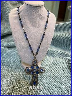 Vintage Antique Jeweled Large Cross Pendant SIGNED Necklace BEAUTIFUL