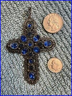 Vintage Antique Jeweled Large Cross Pendant SIGNED Necklace BEAUTIFUL