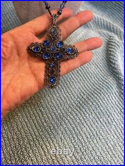 Vintage Antique Jeweled Large Cross Pendant SIGNED Necklace BEAUTIFUL