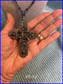 Vintage Antique Jeweled Large Cross Pendant SIGNED Necklace BEAUTIFUL