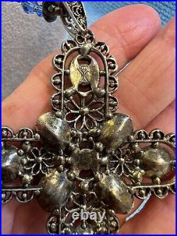 Vintage Antique Jeweled Large Cross Pendant SIGNED Necklace BEAUTIFUL