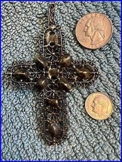 Vintage Antique Jeweled Large Cross Pendant SIGNED Necklace BEAUTIFUL