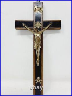 Vintage Antique Large Religious Crucifix Cross Bone Wood 1930 INRI Sunburst Old