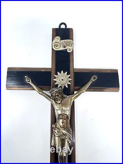 Vintage Antique Large Religious Crucifix Cross Bone Wood 1930 INRI Sunburst Old