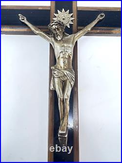 Vintage Antique Large Religious Crucifix Cross Bone Wood 1930 INRI Sunburst Old