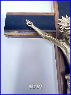 Vintage Antique Large Religious Crucifix Cross Bone Wood 1930 INRI Sunburst Old