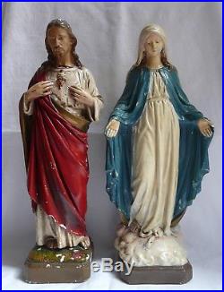 Vintage Antique Religious Figures Statues Sacred Heart of Jesus Virgin Mary 42cm