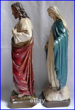 Vintage Antique Religious Figures Statues Sacred Heart of Jesus Virgin Mary 42cm