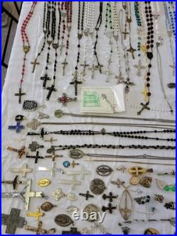 Vintage & Antique Rosary, Religious Medals, Crosses 107 Pieces. READ