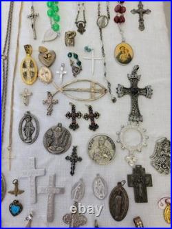 Vintage & Antique Rosary, Religious Medals, Crosses 107 Pieces. READ