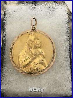 Vintage Antique Solid 10k Gold Virgin With Child Religious Pendant Medallion