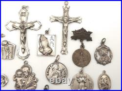 Vintage Antique Sterling Silver Religious Medals Cross Crucifix Pendants Lot