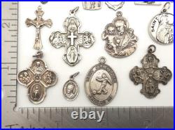 Vintage Antique Sterling Silver Religious Medals Cross Crucifix Pendants Lot