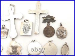Vintage Antique Sterling Silver Religious Medals Cross Crucifix Pendants Lot