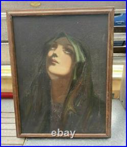 Vintage Antique Victorian Italian Religious Oil Painting On Canvas Of Mary