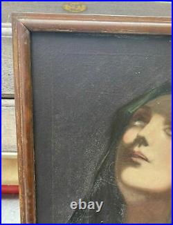 Vintage Antique Victorian Italian Religious Oil Painting On Canvas Of Mary