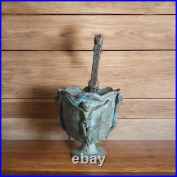 Vintage Brass Mortar with Jesus Crucifix & Pestle Antique Religious Verdigris