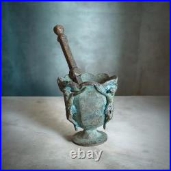 Vintage Brass Mortar with Jesus Crucifix & Pestle Antique Religious Verdigris